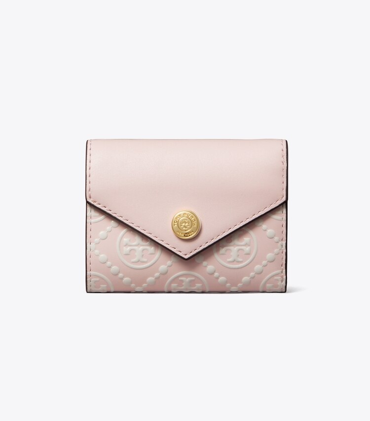 Tory Burch designer portefeuilles Petit portefeuille enveloppe T Monogram en cuir embossé contrastant in Powder Pink / New Cream front