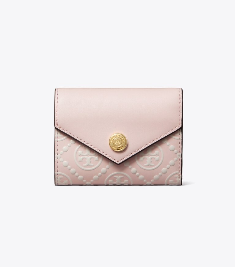 Tory Burch designer portefeuilles Petit portefeuille enveloppe T Monogram en cuir embossé contrastant in Powder Pink / New Cream angle