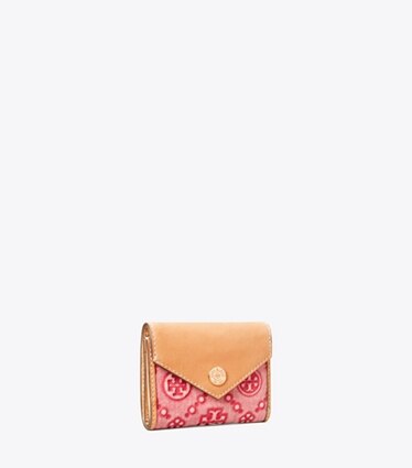 Tory Burch designer portefeuilles Petit portefeuille T Monogram en denim dans Brilliant Red angle
