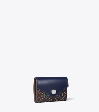Tory Burch designer portefeuilles Petit portefeuille T Monogram gaufré contrasté dans Tory Navy / John Coco angle