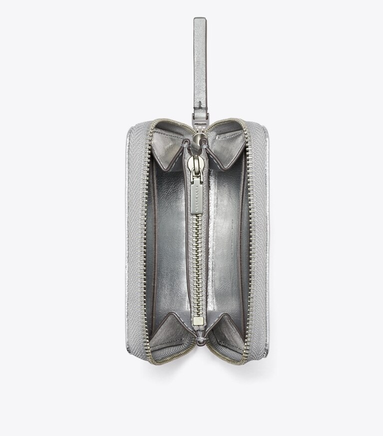 Tory Burch designer portefeuilles Petit portefeuille zippé Kira matelassé diamant métallisé dans Silver vue du dessus