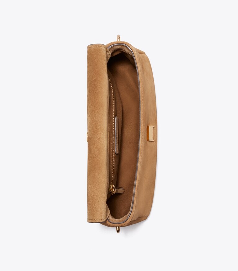Tory Burch designer sacs porté épaule Petit sac à bandoulière Charlie en suède dans Toffee vue du dessus