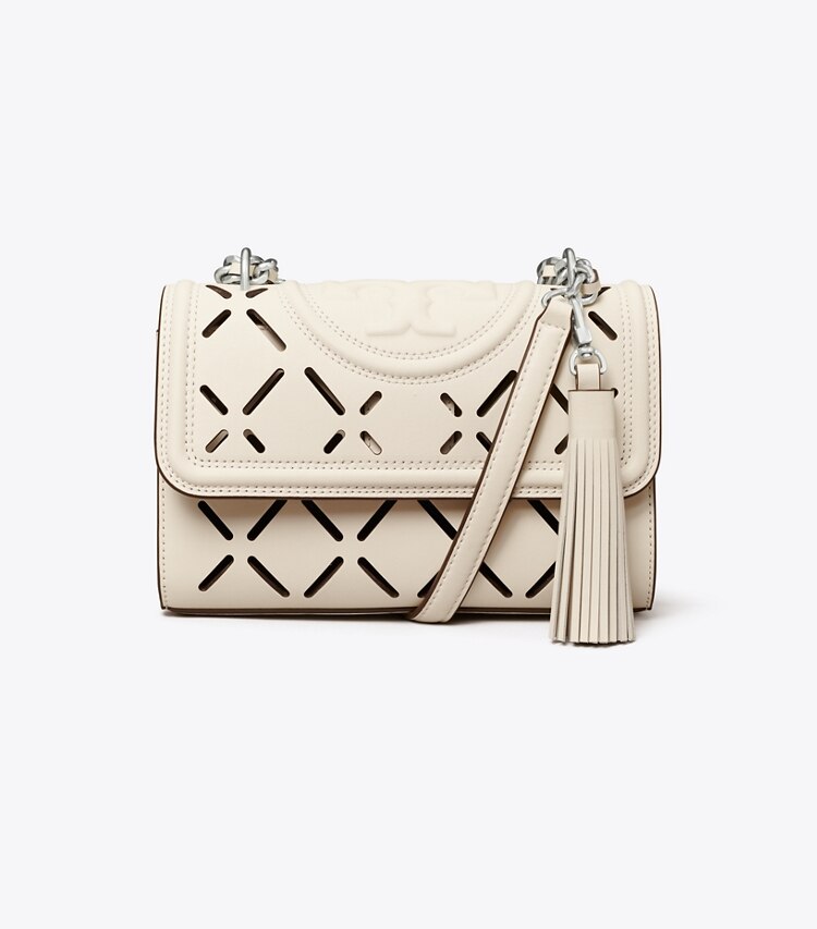 Tory Burch designer sacs porté épaule Petit sac à bandoulière convertible Fleming à motif losanges perforé dans NEW IVORY / DARK LOTUS de face