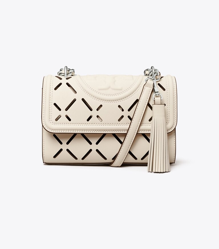 Tory Burch designer sacs porté épaule Petit sac à bandoulière convertible Fleming à motif losanges perforé dans NEW IVORY / DARK LOTUS de face