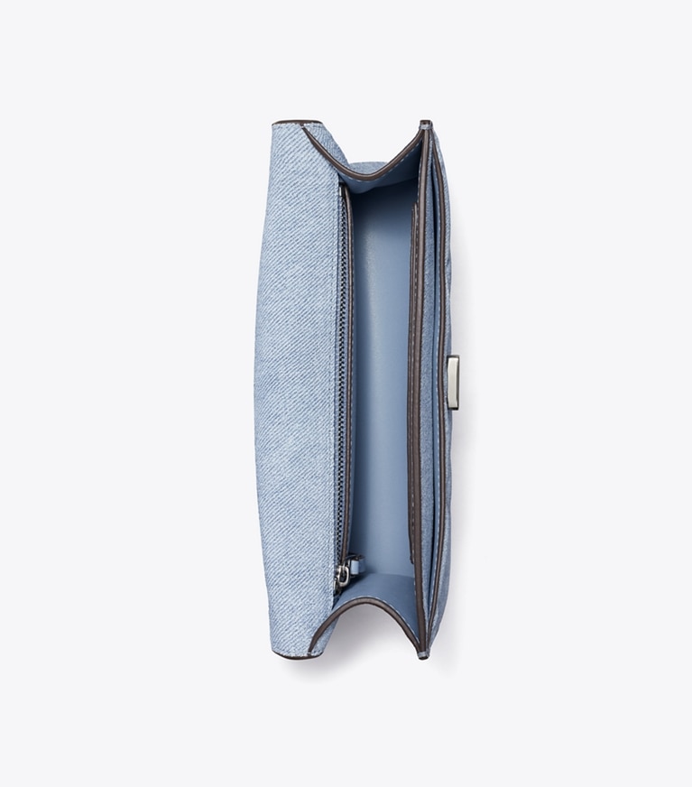 Tory Burch designer sacs porté épaule Petit sac à bandoulière Fleming en daim imprimé denim dans Medium Wash Denim vue du dessus