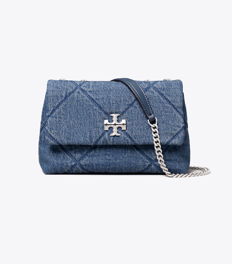 Tory Burch designer sacs porté épaule Petit sac à bandoulière Kira en denim matelassé losanges dans Blue de face