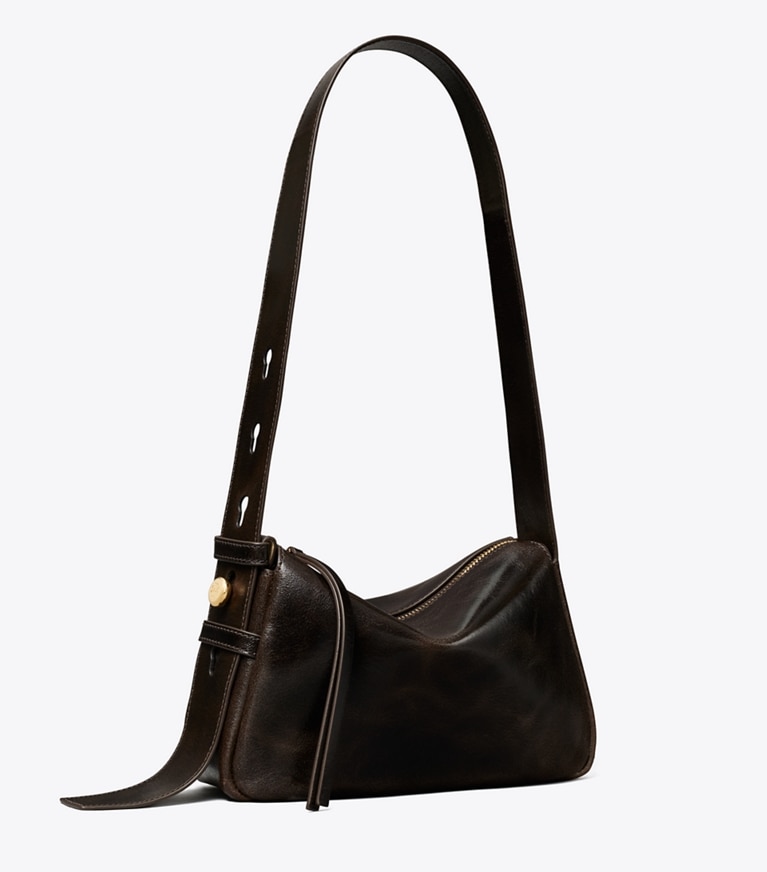 Tory Burch designer sacs porté épaule Petit sac à l’épaule Romy à effet vieilli dans Dark Brown angle