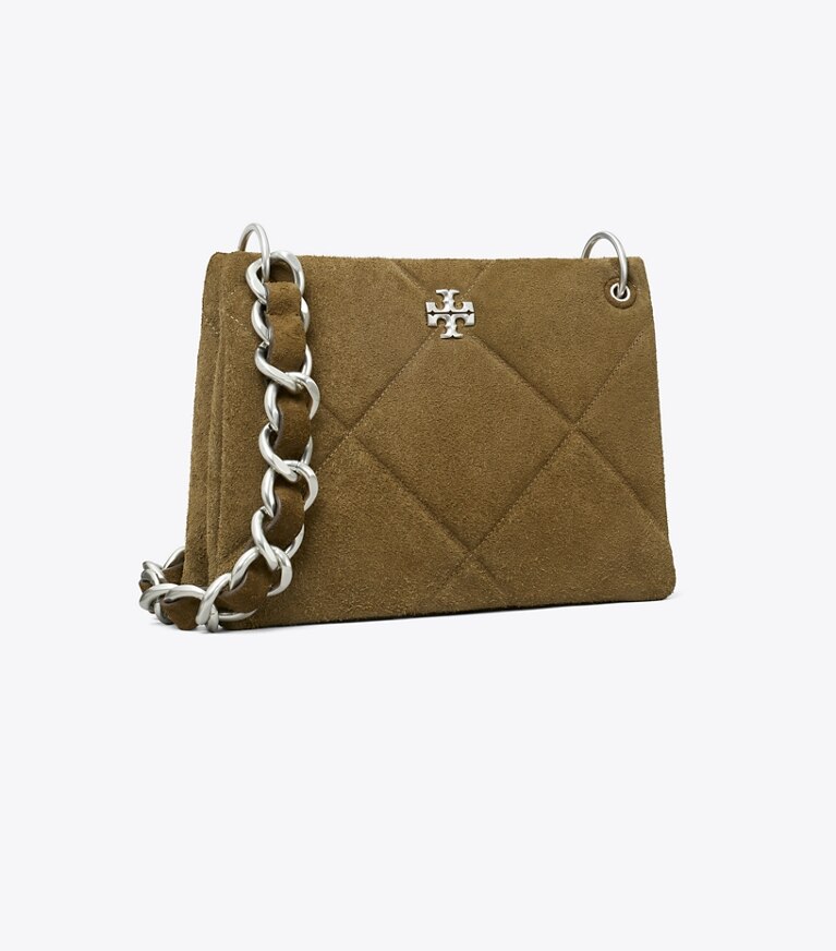 Tory Burch designer sacs hobo Petit sac bandoulière Kira en suède matelassé diamant dans Deep Olive angle