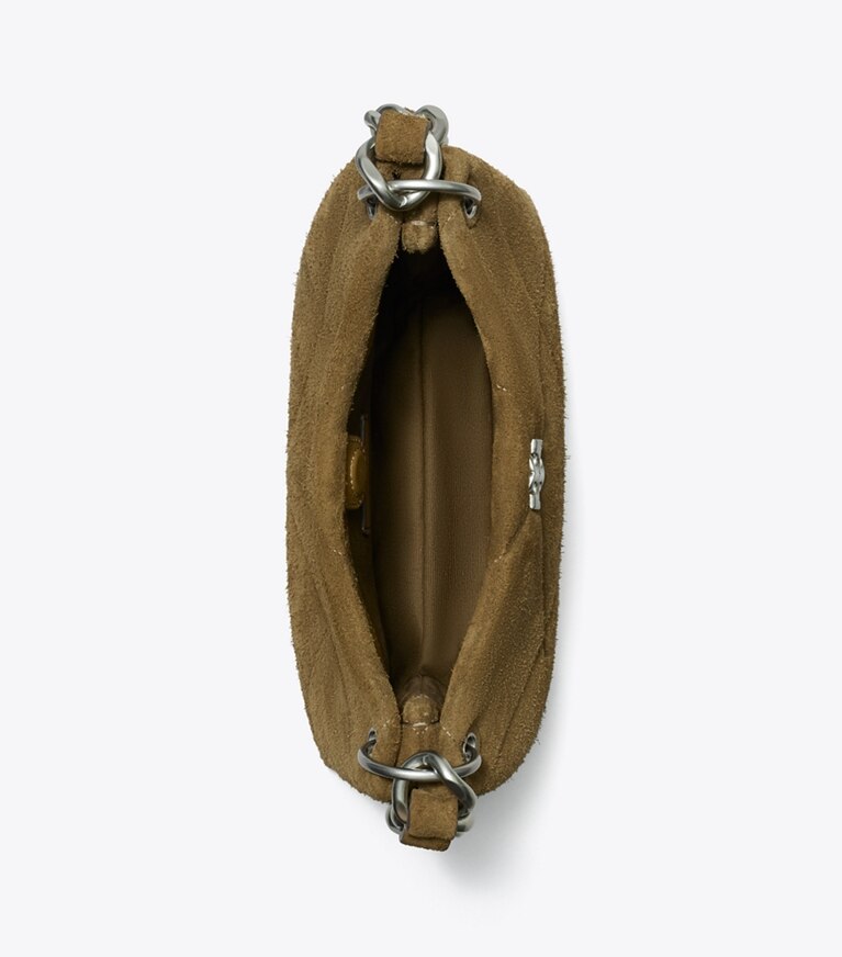 Tory Burch designer sacs hobo Petit sac bandoulière Kira en suède matelassé diamant dans Deep Olive vue du dessus