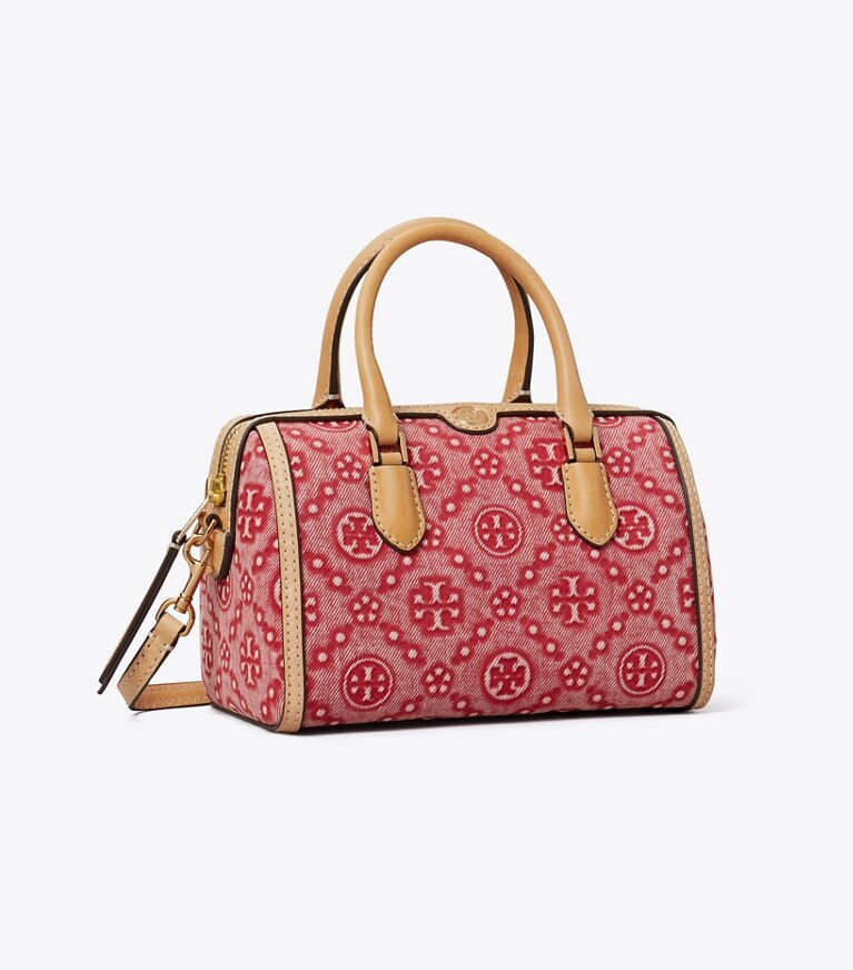 Tory Burch designer sacs à bandoulière Petit sac baril en denim T Monogram dans Brilliant Red angle