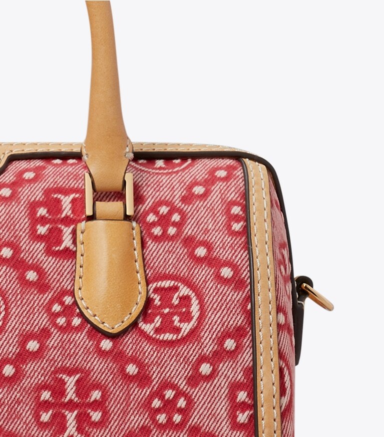 Tory Burch designer sacs à bandoulière Petit sac baril en denim T Monogram dans Brilliant Red détails