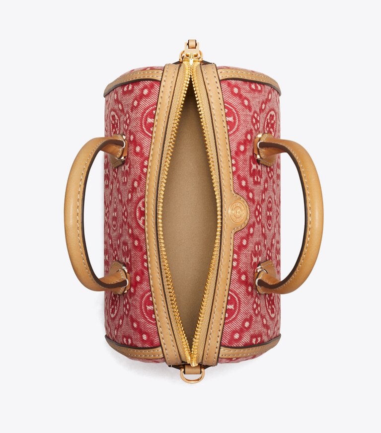 Tory Burch designer sacs à bandoulière Petit sac baril en denim T Monogram dans Brilliant Red vue du dessus