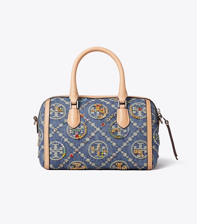 Tory Burch designer sacs à bandoulière Petit sac baril orné en denim T Monogram dans Deep Royal retour