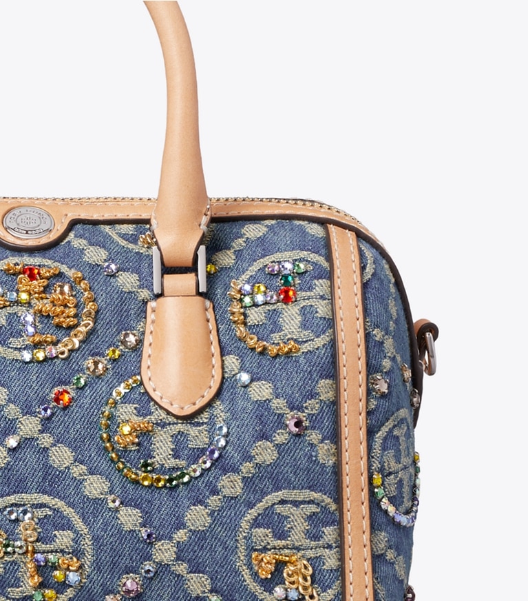 Tory Burch designer sacs à bandoulière Petit sac baril orné en denim T Monogram dans Deep Royal détails