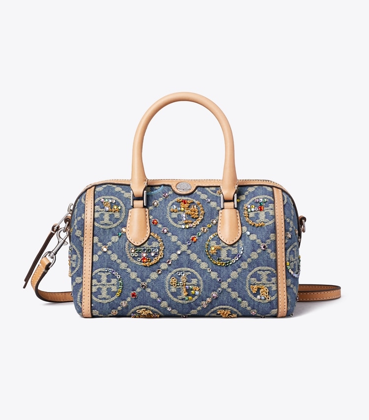 Tory Burch designer sacs à bandoulière Petit sac baril orné en denim T Monogram dans Deep Royal de face