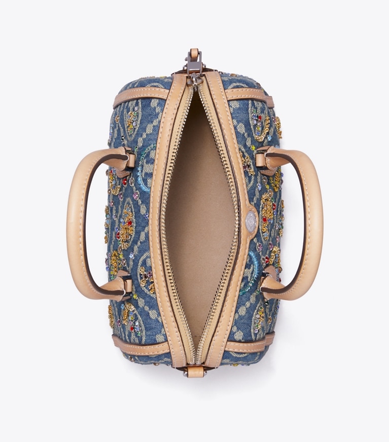 Tory Burch designer sacs à bandoulière Petit sac baril orné en denim T Monogram dans Deep Royal vue du dessus