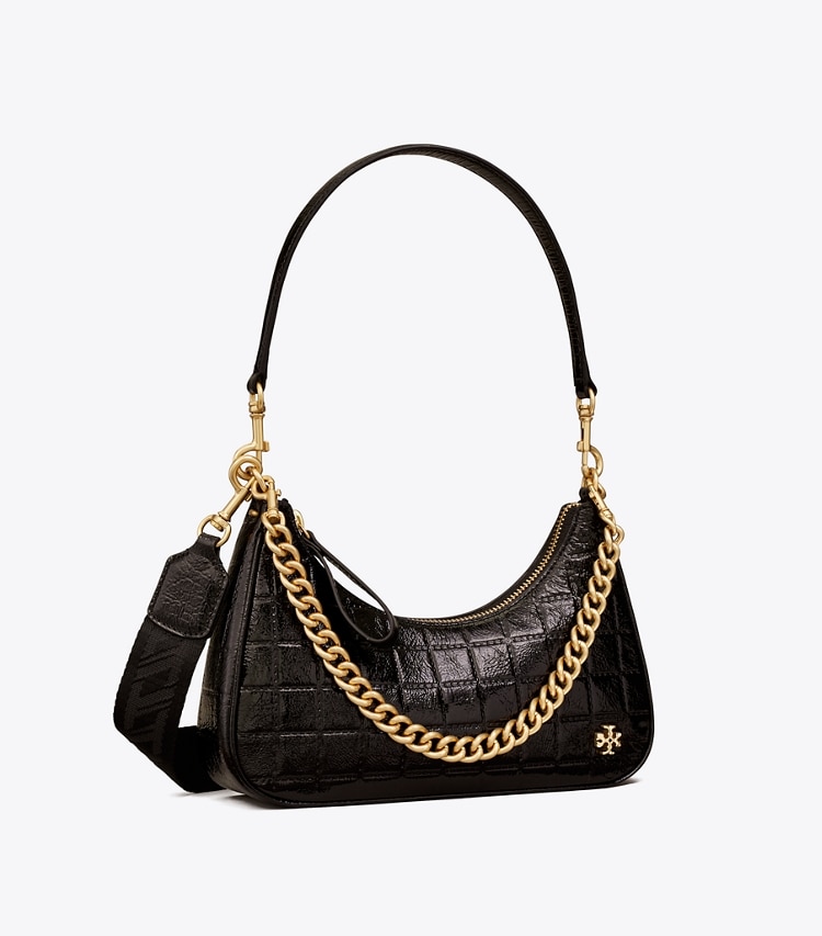 Tory Burch designer sacs à bandoulière Petit sac croissant 151 Mercer, verni matelassé dans Black angle