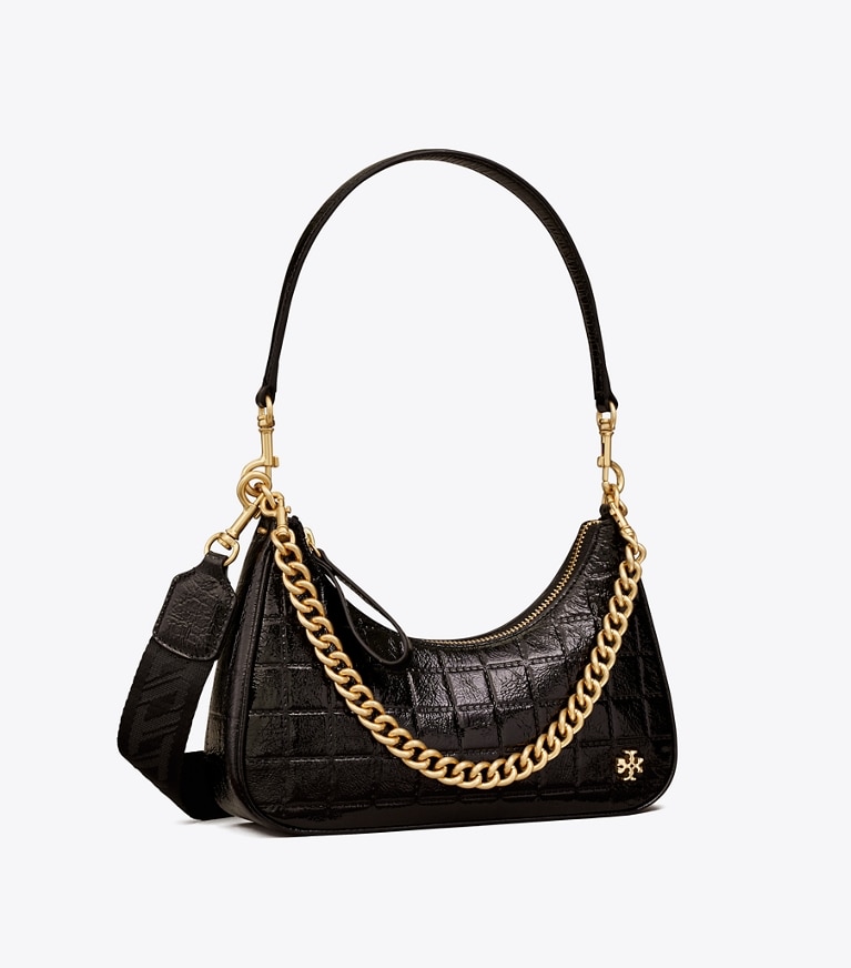 Tory Burch designer sacs à bandoulière Petit sac croissant 151 Mercer, verni matelassé dans Black angle