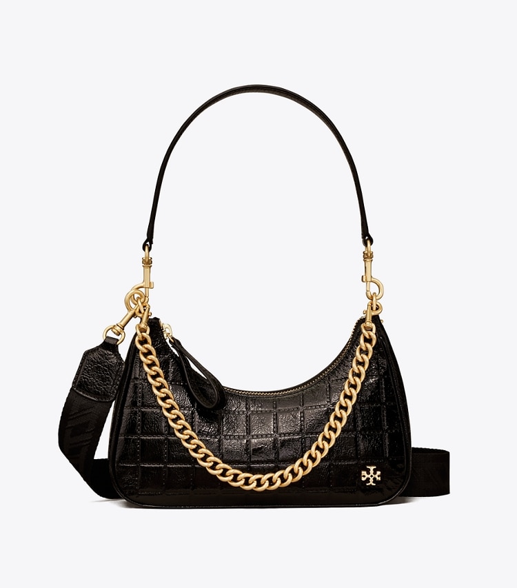 Tory Burch designer sacs à bandoulière Petit sac croissant 151 Mercer, verni matelassé dans Black de face