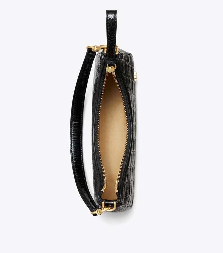 Tory Burch designer sacs à bandoulière Petit sac croissant 151 Mercer, verni matelassé dans Black vue du dessus