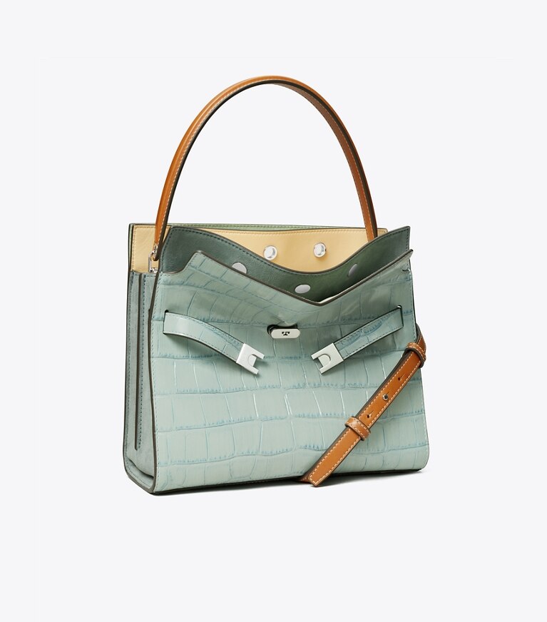 Tory Burch designer sac à main Petit sac double Lee Radziwill embossé motif croco dans Blue Celadon angle
