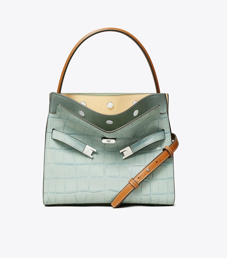 Tory Burch designer sac à main Petit sac double Lee Radziwill embossé motif croco dans Blue Celadon de face