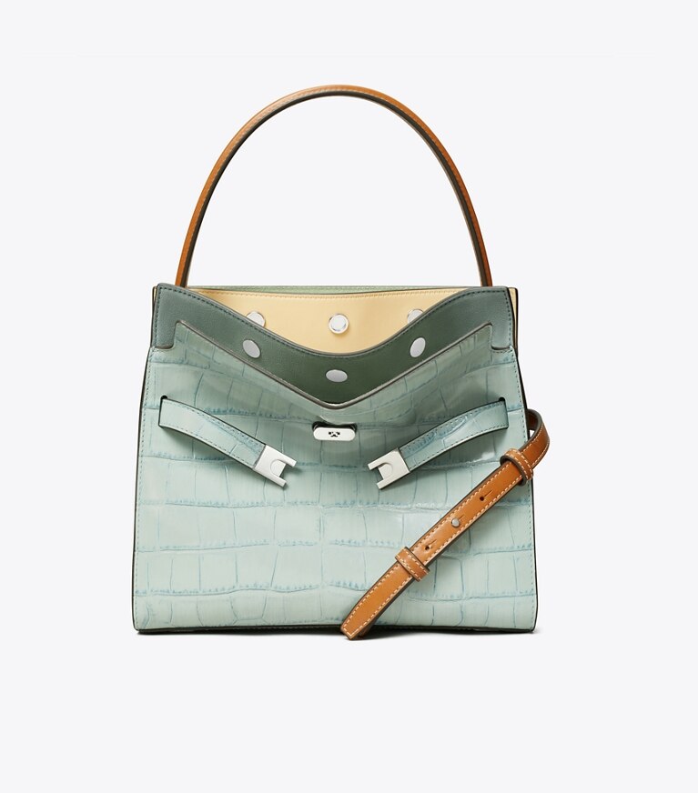 Tory Burch designer sac à main Petit sac double Lee Radziwill embossé motif croco dans Blue Celadon de face