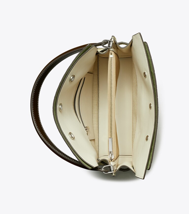 Tory Burch designer sac à main Petit sac double Lee Radziwill embossé motif croco dans Soft Ivy vue du dessus