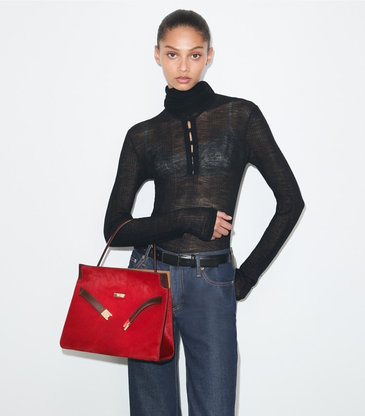 Tory Burch designer sac à main Petit sac double Lee Radziwill en cuir de veau façon poulain dans Toucan Red accessoire sur le modèle