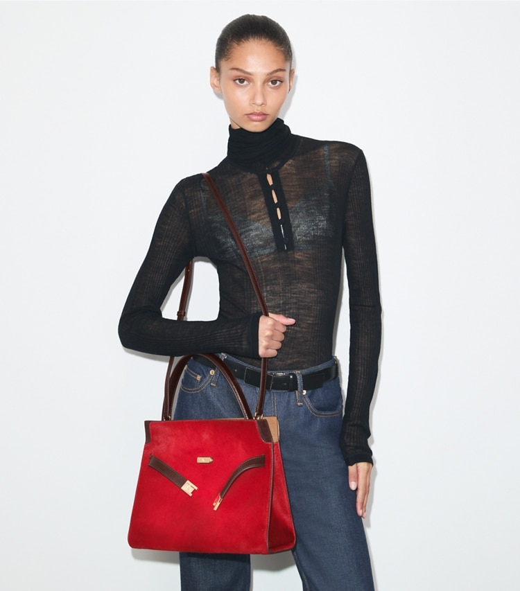 Tory Burch designer sac à main Petit sac double Lee Radziwill en cuir de veau façon poulain dans Toucan Red supplémentaire sur le modèle