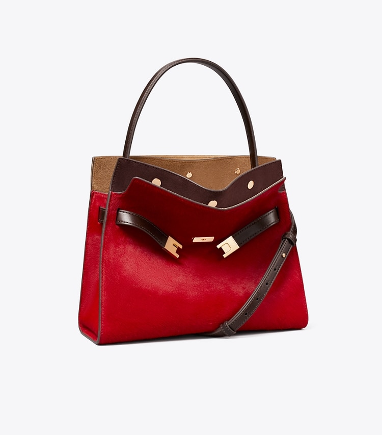Tory Burch designer sac à main Petit sac double Lee Radziwill en cuir de veau façon poulain dans Toucan Red angle