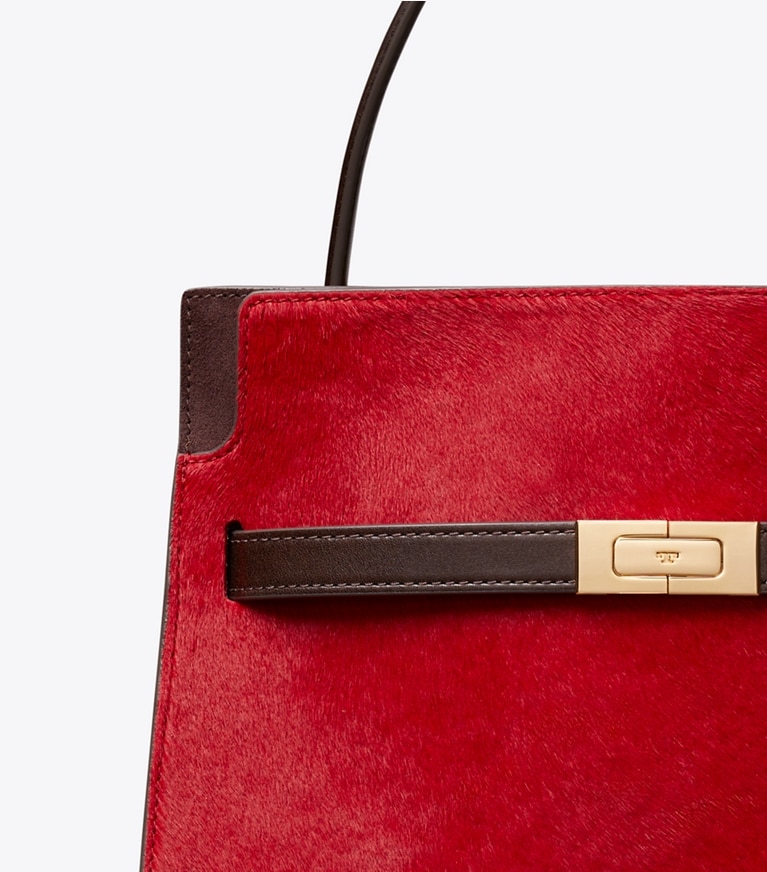 Tory Burch designer sac à main Petit sac double Lee Radziwill en cuir de veau façon poulain dans Toucan Red détails