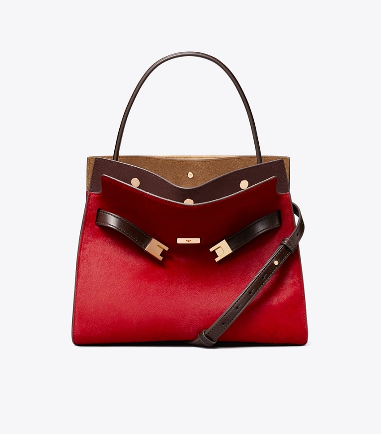Tory Burch designer sac à main Petit sac double Lee Radziwill en cuir de veau façon poulain dans Toucan Red de face