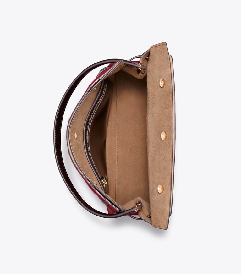 Tory Burch designer sac à main Petit sac double Lee Radziwill en cuir de veau façon poulain dans Toucan Red vue du dessus