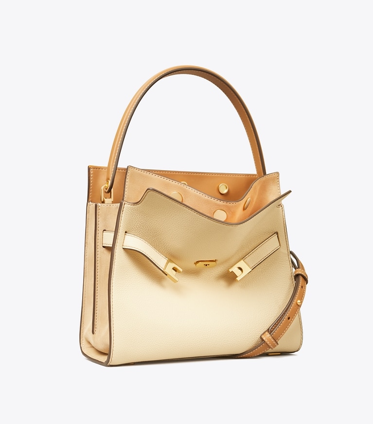 Tory Burch designer sac à main Petit sac double Lee Radziwill grainé dans New Moon angle