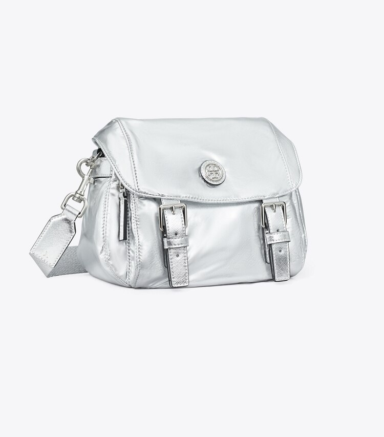 Tory Burch designer sacs à bandoulière Petit sac messager Virginia métallisé dans Silver angle