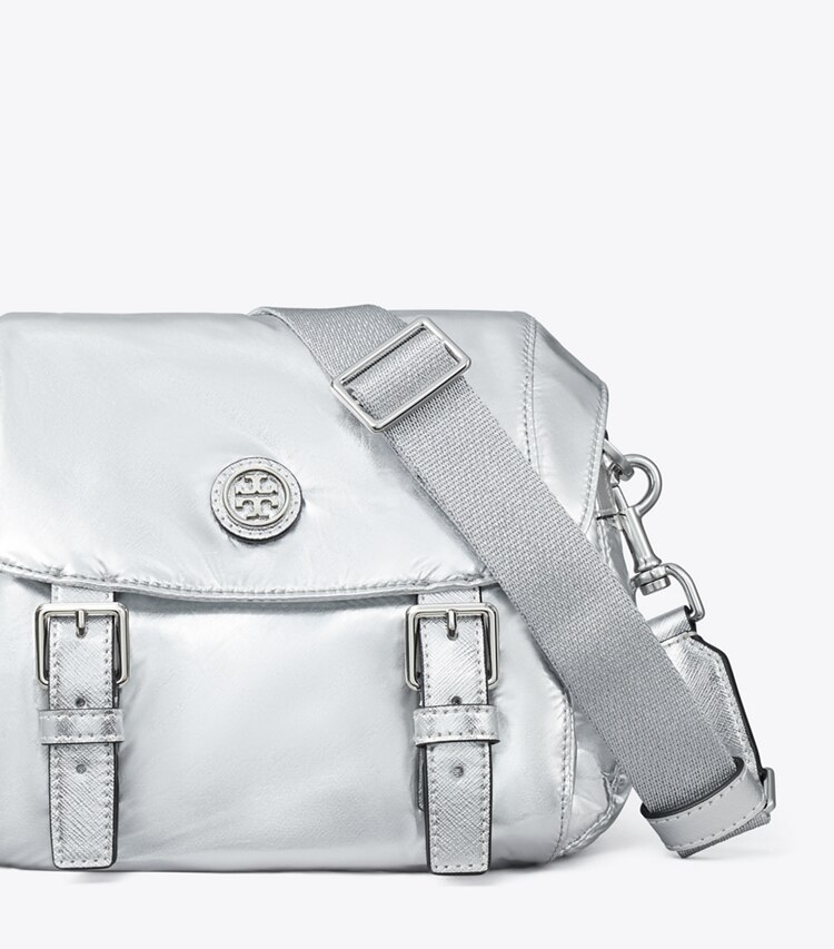Tory Burch designer sacs à bandoulière Petit sac messager Virginia métallisé dans Silver détails