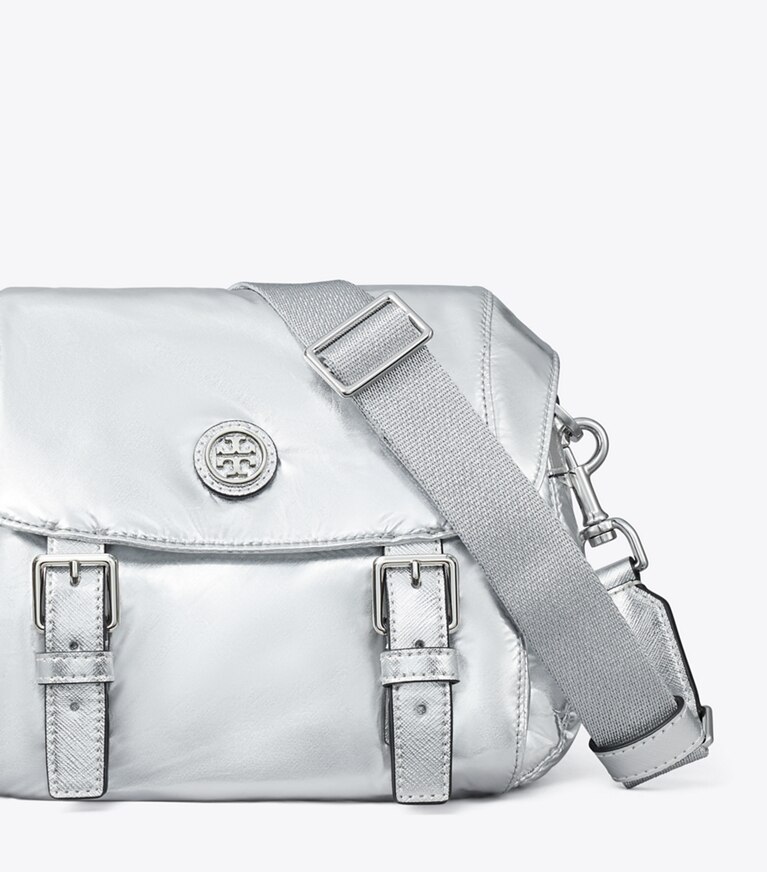 Tory Burch designer sacs à bandoulière Petit sac messager Virginia métallisé dans Silver détails