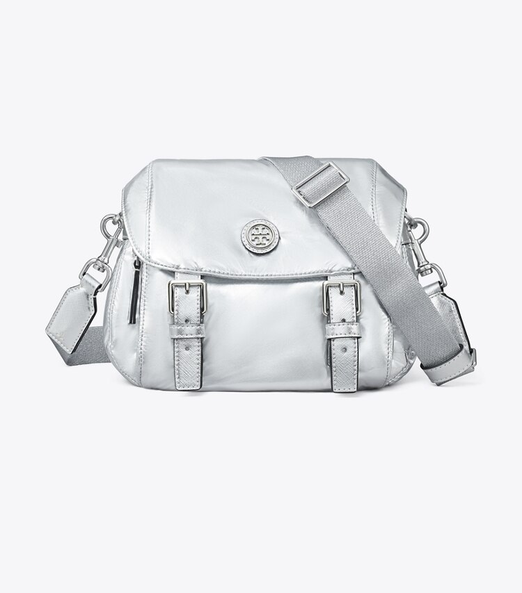 Tory Burch designer sacs à bandoulière Petit sac messager Virginia métallisé dans Silver de face