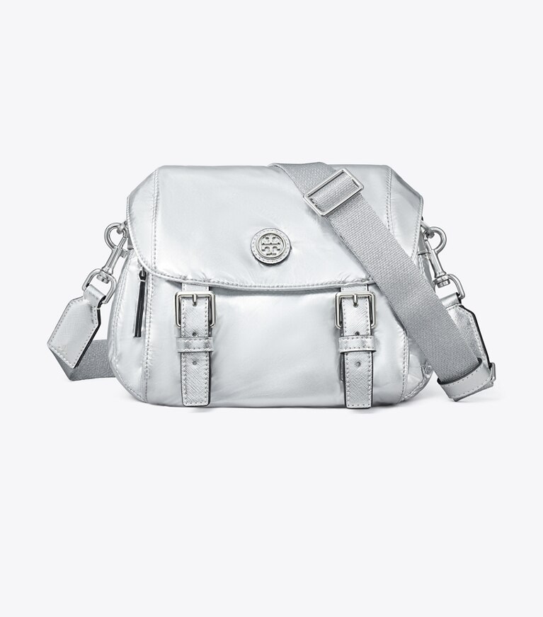 Tory Burch designer sacs à bandoulière Petit sac messager Virginia métallisé dans Silver de face