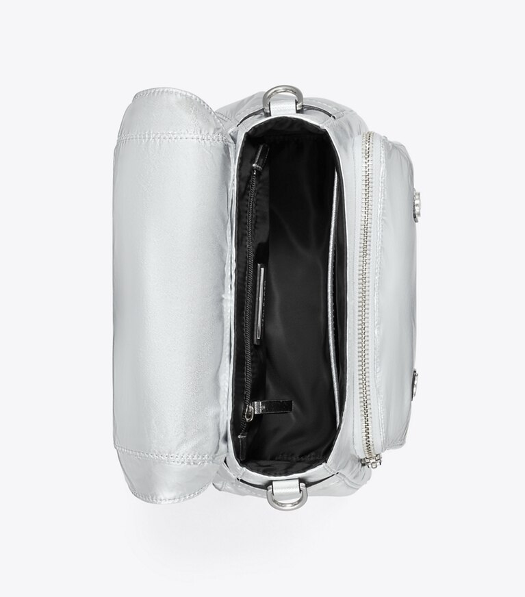 Tory Burch designer sacs à bandoulière Petit sac messager Virginia métallisé dans Silver vue du dessus