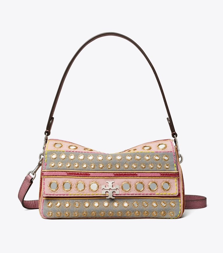 Tory Burch designer sacs porté épaule Petit sac porté épaule brodé Charlie in Pink / Gray front
