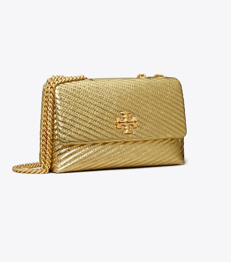 Tory Burch designer sacs porté épaule Petit sac porté épaule convertible Kira en cuir métallisé micro matelassé in Gold angle