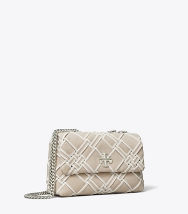 Tory Burch designer sacs porté épaule Petit sac porté épaule convertible Kira en toile tissée in Natural / Blanc angle