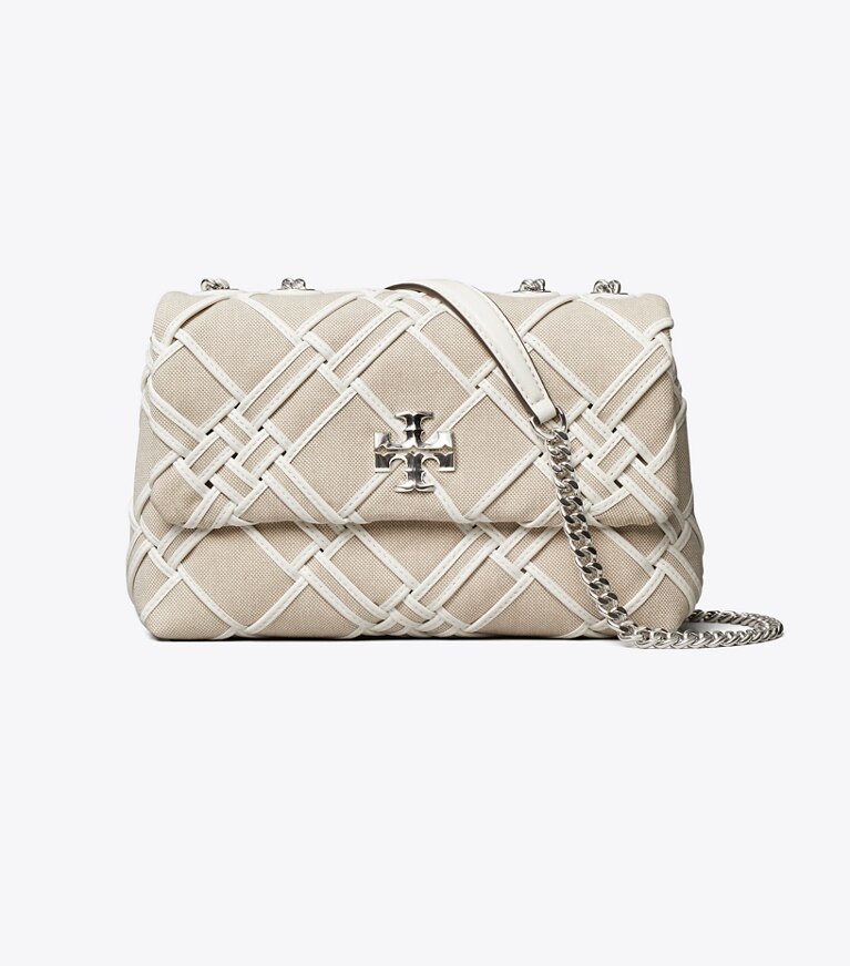 Tory Burch designer sacs porté épaule Petit sac porté épaule convertible Kira en toile tissée in Natural / Blanc angle