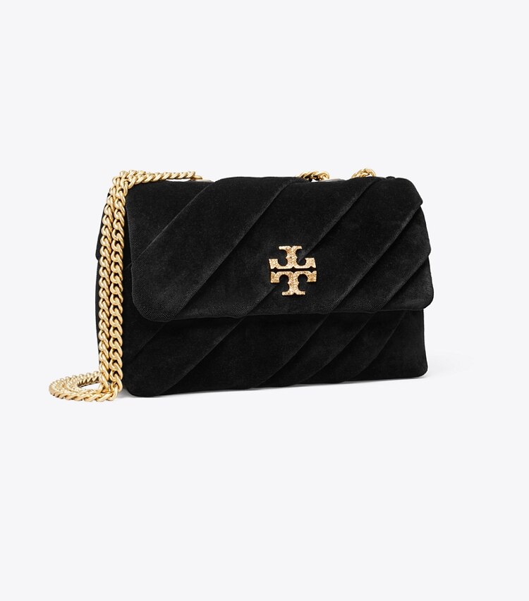 Tory Burch designer sacs porté épaule Petit sac porté épaule convertible Kira en velours drapé in Black angle