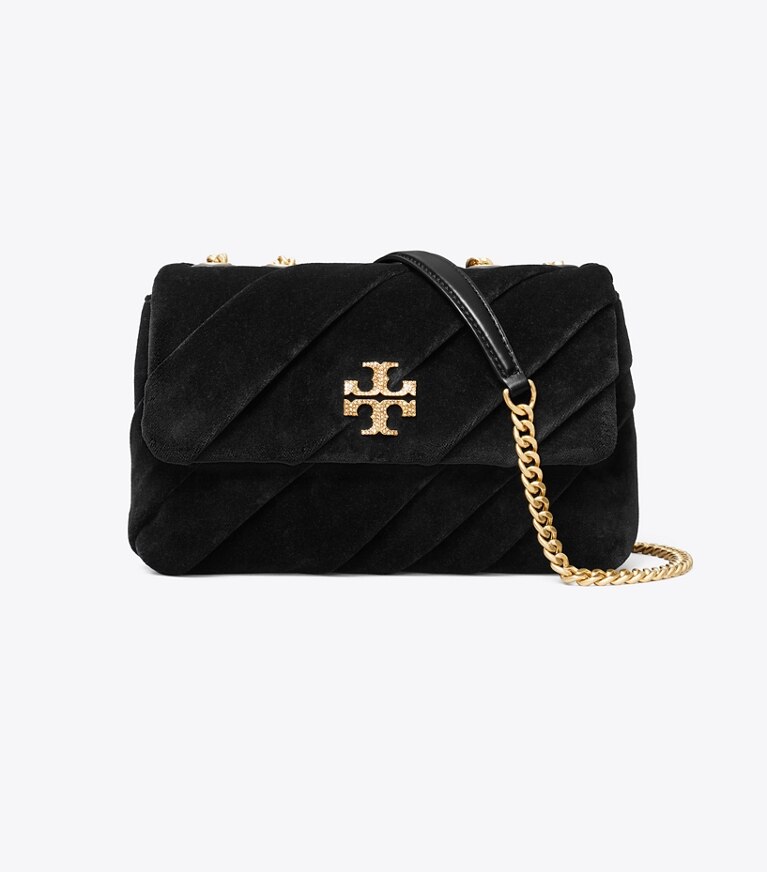 Tory Burch designer sacs porté épaule Petit sac porté épaule convertible Kira en velours drapé in Black angle