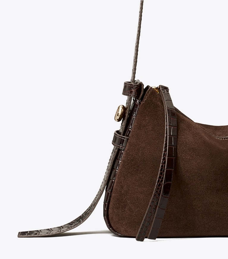 Tory Burch designer sacs porté épaule Petit sac porté épaule en suède Romy dans DARK COCOA détails