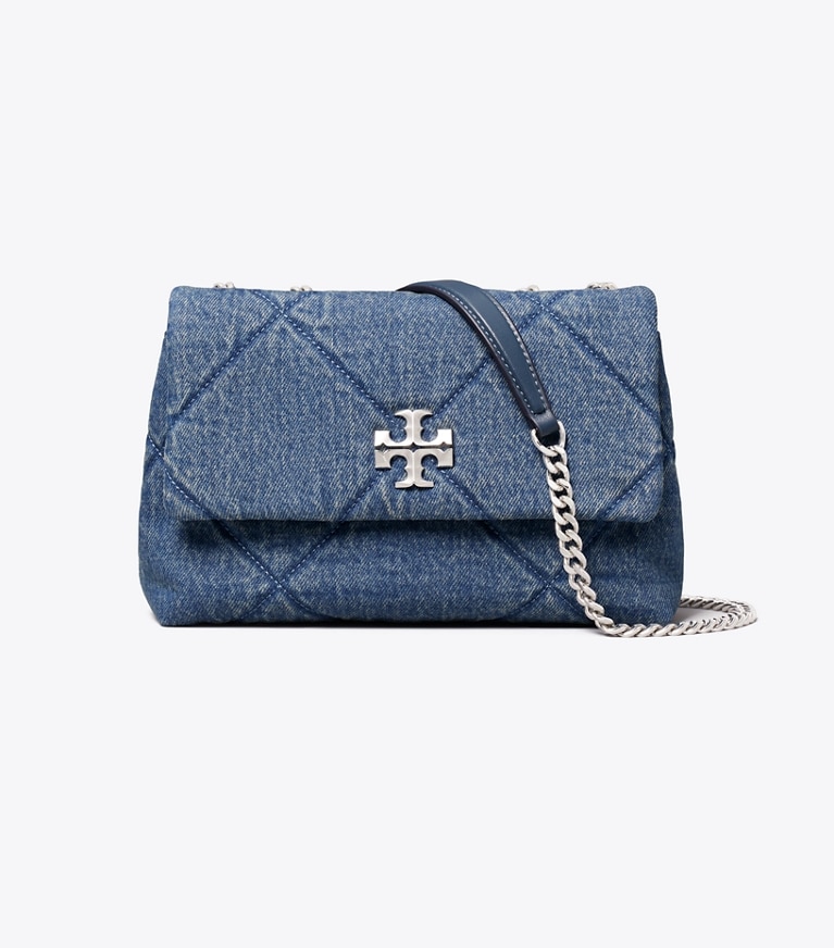 Tory Burch designer sacs porté épaule Petit sac porté épaule Kira en denim à matelassage losange in Blue front