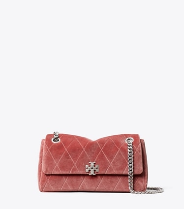 Tory Burch designer sacs porté épaule Petit sac porté épaule matelassé Charlie en velours avec pavé dans Dusty Pink de face